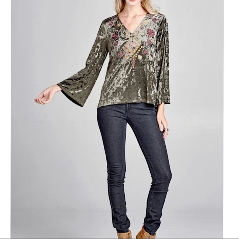 NWT BOHO green vintage crushed velvet embroidered top small medium large new